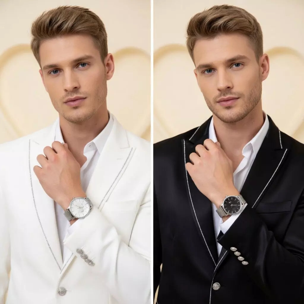 Kit Relógios Minimalistas Unissex Aço Inoxidável Pulseira Mesh Preto e Branco