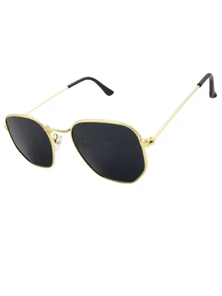 Óculos de Sol Hexagonal Clássico Dourado com Lente Preta UV400 Unissex